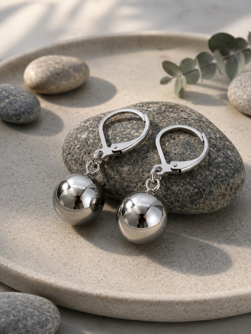 Polished Ball Drop Earrings Quiet Luxury Stainless Steel Silver Lever Back 1.2in